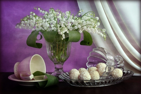 still life - nice, beauty, glasses, photography, delicate, bouquet, still life, white, purple, pretty, cool, lily of the valley, coconut balls, harmony, lovely, vase, violet, cup, candy, beautiful, sweet, flowers, photo, flower, elegantly