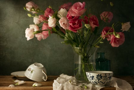 still life - beauty, nice, photography, delicate, bouquet, still life, pretty, cool, petals, romance, gently, harmony, soft, lovely, vase, cup, romantic, pink, beautiful, flowers, photo, elegantly, flower