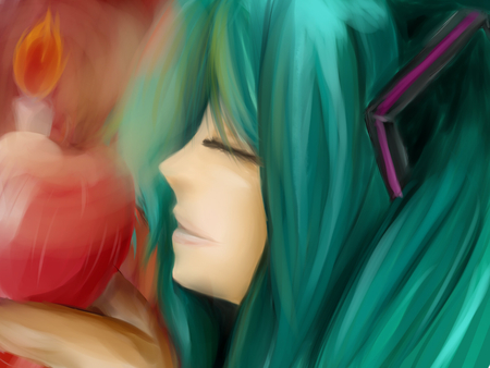 Hatsune Miku - pretty, artistic, food, nice, program, candle, beauty, virtual, cg, white, cute, aqua eyes, song, vocaloid, anime, twintail, hatsune miku, music, aqua, closed eyes, red, fire, art, idol, anime girl, beautiful, singer, girl, cool, orange, black, miku, awesome, diva, digital, aqua hair, hatsune, apple, vocaloids