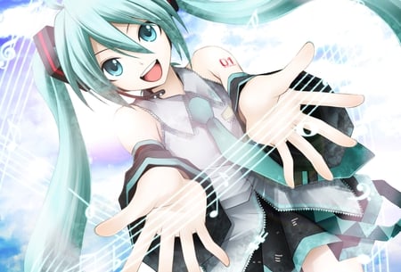 Hatsune Miku - tie, pretty, artistic, pink, light, happy, uniform, stunning, headphones, nice, program, leggings, hot, thighhighs, beauty, virtual, cg, white, gray, cute, aqua eyes, song, outfit, sexy, vocaloid, anime, blue, amazing, twintail, hatsune miku, microphone, music, aqua, stockings, art, idol, anime girl, skirt, beautiful, singer, girl, cool, black, glow, smile, miku, awesome, diva, digital, aqua hair, hatsune, vocaloids, headset