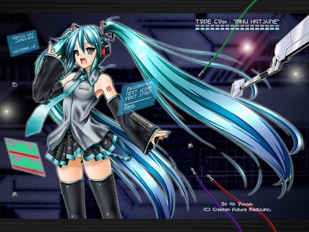 Hatsune Miku - aqua, hot, thigh highs, sun, headset, thighhighs, music, anime girl, stockings, white, art, cool, artistic, hatsune miku, sexy, skirt, leggings, light, song, space, vocaloids, program, glow, vocaloid, pink, beautiful, uniform, diva, beauty, nice, twintail, singer, black, virtual, pretty, idol, anime, miku, cute, girl, cg, hatsune, star, microphone, blue, headphones, tie, awesome, digital, outfit