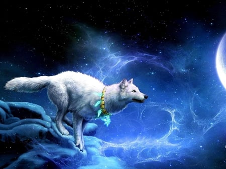 Night Runner - moon, sky, night, fantasy, wolf, white, gorgeous, beautiful, blue, strong