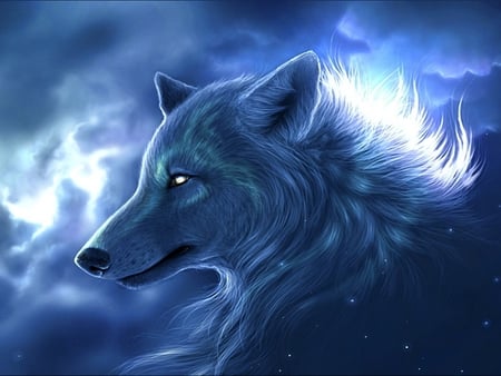 In the Sky - clouds, blue, wolf, beautiful, strong, stunning, head, fantasy, sky