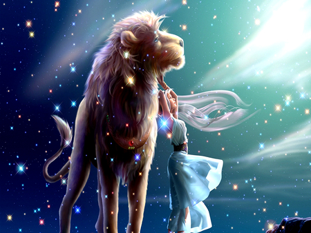 Silent Protector - elegant, blue, beautiful, orange, sparkly, fantasy, graceful, protect, lights, woman, cloud, lion, sky