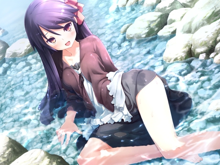 Yukishita Miyuri - anime, water, skirt, girl, long hair, yukishita miyuri, river, ribbon, bow, rocks