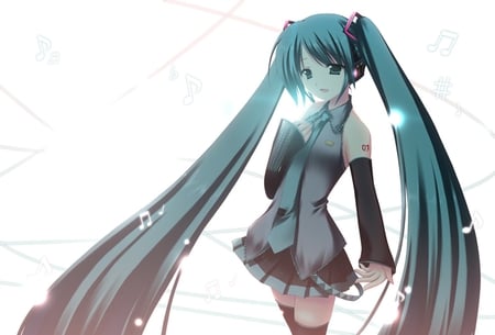 Hatsune Miku - aqua, hot, thigh highs, headset, thighhighs, music, anime girl, stockings, white, art, cool, aqua eyes, artistic, hatsune miku, sexy, skirt, leggings, light, song, vocaloids, program, glow, vocaloid, beautiful, uniform, diva, beauty, nice, twintail, singer, aqua hair, black, virtual, pretty, idol, anime, miku, cute, girl, cg, hatsune, microphone, blue, headphones, tie, awesome, digital, outfit