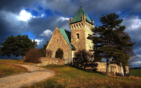 Old Church - hill, sky, trees, brick, block, church, clouds, grass, old