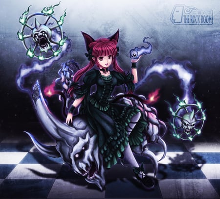 Kaenbyou Rin - skull, female, hot, anime girl, nekomimi, gothic, kemonomimi, red eyes, touhou, bow hair, cool, dark, cute, black dress, neko, sexy, twintails, goth, red hair, ghost, kaenbyou rin, bow, sweet, dress