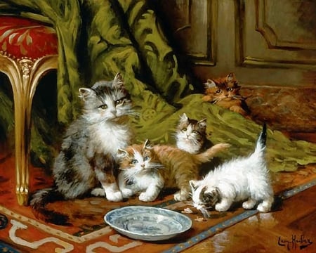 Sweet Family - painting, family, cat, kittens