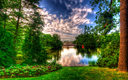 Lovely View - pretty, blue, splendor, landscape, grass, reflection, leaves, flowers, villa, view, garden, lake, houses, sky, clouds, house, trees, water, beautiful, beauty, colors, lovely, architecture, tree, colorful, nature, green, peaceful