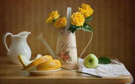 still life - nice, beauty, roses, photography, delicate, bouquet, knife, rose, melon, still life, home, pretty, yellow, cool, lace, romance, gently, apple, harmony, soft, lovely, fruit, romantic, beautiful, jug, flowers, photo, flower, elegantly