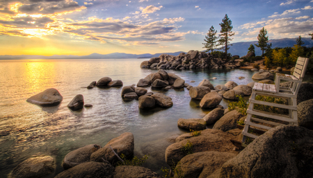 Beautiful view-HDR - relax, pretty, calm, romantic, great, romance, steps, garden, hdr, nice, beauty, chair, stones, nature, sunset, horizon, amazing, beach, reflection, view, sky, sun, clouds, trees, water, beautiful, photography, sea, cool, lovely, ocean, harmony, panorama, mountains, park, rocks