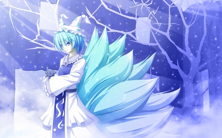 Yakumo Ran - anime, kitsune, blue, snow, fox spirit, cat, yakumo, white, purple, yakumo ran, cute, ran