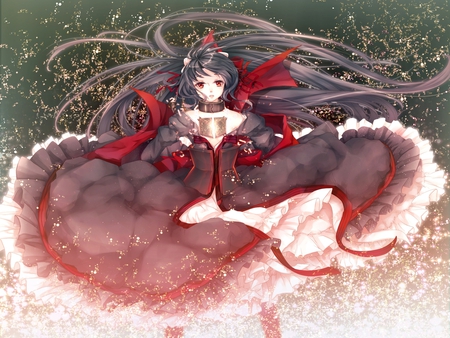 Broken Seal - anime, magic, light, long hair, lolita, stunning, shatter, red, power, seal, beautiful, girl, gothic, break, frills, black, wind, white