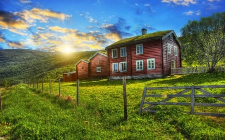 Country Sunrise - clouds, house, sunrise, valley, mountain