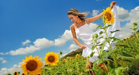 Sunflowers - nature, sky, sunflowers, womean, blue