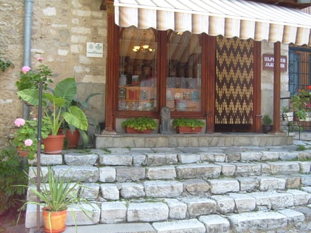 Shop - pretty, stone, photography, photo, architecture, flowers, stairs, nice, building, bulgaria, shop