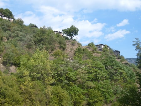 Rhodopy - summer, forest, photo, village, blue, sky, houses, clouds, photography, trees, nature, mountain, bulgaria, green