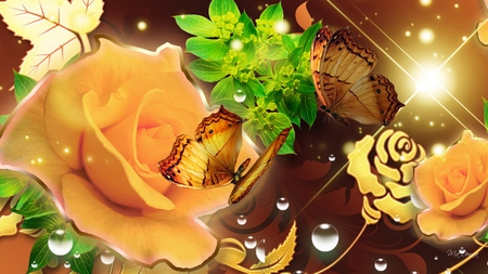 Golden Roses Golden Butterflies - stars, roses, summer, glow, butterfly, flowers, sparkles, firefox persona, butterflies