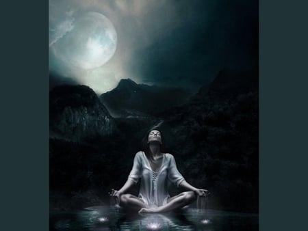 LOTUS MOON - moon, lotus, female, water, yoga