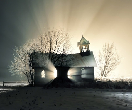 Heaven, Let the light shine in. - alone, church, snow, light