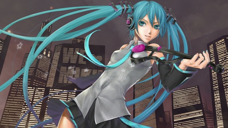 Hatsune Miku - tie, pretty, artistic, night, pink, uniform, headphones, skyscrapers, nice, program, leggings, hot, dark sky, city, beauty, virtual, cg, white, cute, aqua eyes, song, outfit, sexy, vocaloid, anime, blue, twintail, thighighs, hatsune miku, stars, microphone, dark, music, aqua, stockings, art, sky, idol, clouds, anime girl, skirt, beautiful, violin, singer, girl, cool, buildings, black, miku, awesome, diva, digital, aqua hair, night sky, thigh highs, hatsune, vocaloids, headset