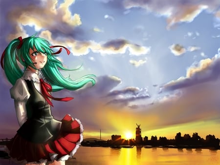 Hatsune Miku - tie, pretty, artistic, light, headphones, skyscrapers, nice, sunlight, program, thighhighs, city, beauty, virtual, river, cg, white, sunset, cute, aqua eyes, song, horizon, vocaloid, anime, twintail, dress, hatsune miku, microphone, music, aqua, emitting, red, lake, art, sky, sun, idol, clouds, anime girl, water, beautiful, singer, girl, cool, orange, buildings, black, glow, miku, awesome, diva, digital, aqua hair, thigh highs, hatsune, vocaloids, headset