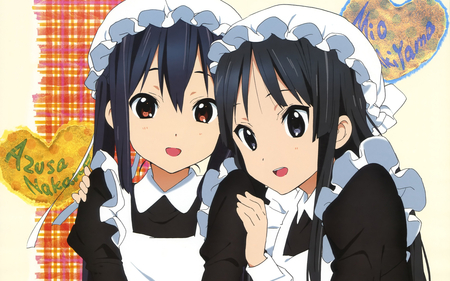 K-on - nakano azusa, hat, brown eyes, long hair, maid, 2girls, black eyes, akiyama mio