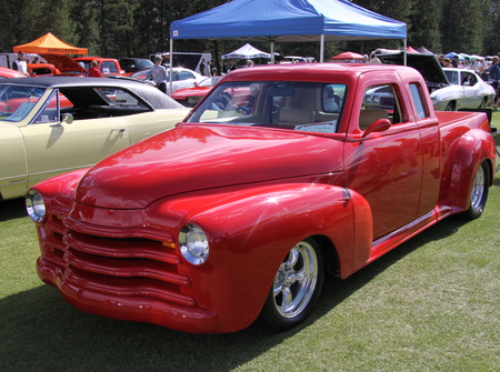 Chevrolet 1946 at the Radium Hot Springs car show 65  - tent, chevrolet, trees, photography, pick up, silver, yellow, red, tire, green, orange