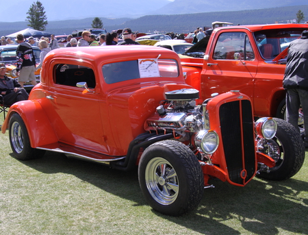 Chevrolet 1934 custom Engine  - chevrolet, chrome, photography, tires, mountains, engine, black, silver, headlights, red, orange, green, tree