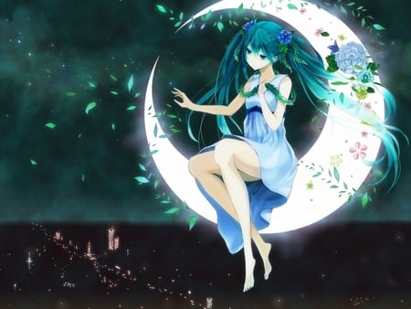 Watching Over the City - moon, anime, vines, blue, beautiful, hatsune miku, city, pink, flowers, white, miku, green, bright, hatsune, guardian