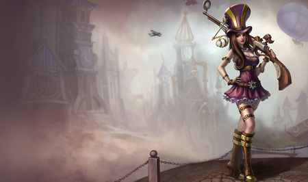 Caitlyn - long hair, caitlyn, building, fog, league of legends, girl