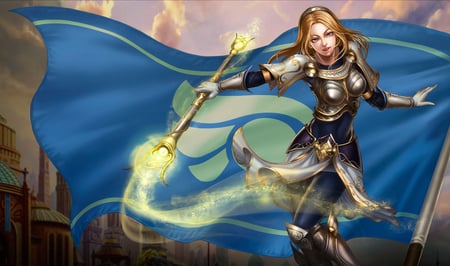 Lux - clouds, warrior, league of legends, lux, girl, cape, weapon, sky