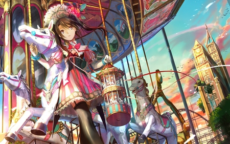 Carousel Fantasy - pretty, fun, anime, carousel, girl, horse, toy, fantasy, bright, model, cute