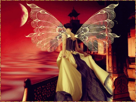 Fantasy girl - moon, woman, red, girl, butterfly