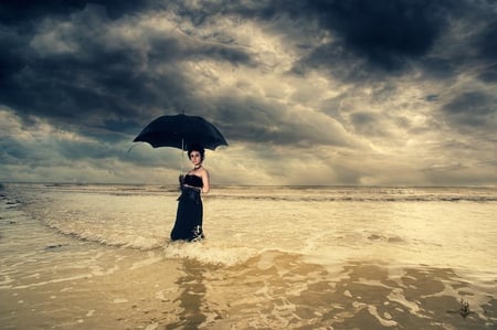 Why Does It Always Rain On Me ? - black, umbrella, beach, girl, stormy