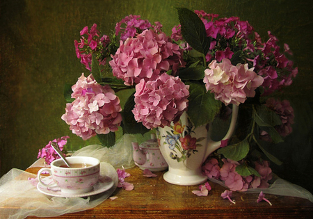 still life - pretty, elegantly, porcelain, romantic, amazing, romance, pink, photo, flowers, old, nice, hydrangea, gently, delicate, beautiful, coffee, photography, beauty, kettle, lovely, cool, still life, flower, petals, bouquet, drink, harmony, scarf, soft, cup