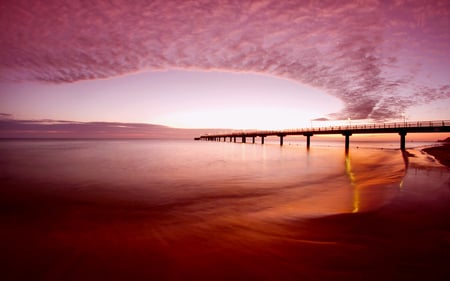 Beautiful View - pretty, amazing, beach, splendor, festival, sunrise, pink, reflection, sand, view, red, tunnel, sky, clouds, water, beautiful, lanterns, sea, beauty, colors, lovely, ocean, lantern, pier, glow, nature, sunset, lights, waves, peaceful, bridge