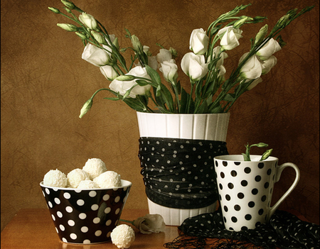 still life - nice, beauty, roses, photography, delicate, points, great, bouquet, black, rose, still life, white, amazing, pretty, cool, coconut balls, old, harmony, feminine, scarf, lovely, vase, cup, candy, beautiful, flowers, photo, flower, elegantly