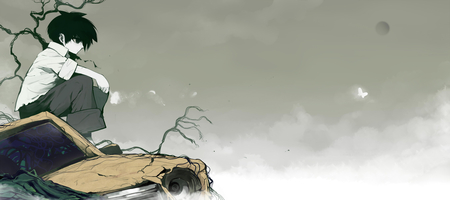 Lonely boy - moon, anime, original, empty, cool, tree, male, boy, car, black eyes, black hair, sky, mononoke