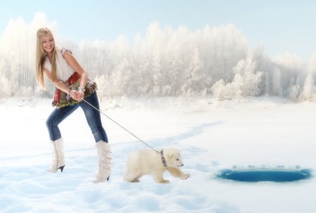 cute - cub, trees, female, bear, winter, model, white, cold, snow, polar, cute, blonde