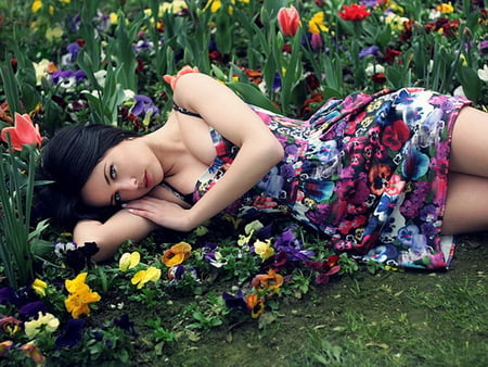 Flower's song - flowers, woman, dress, girl, spring, floral, field, song