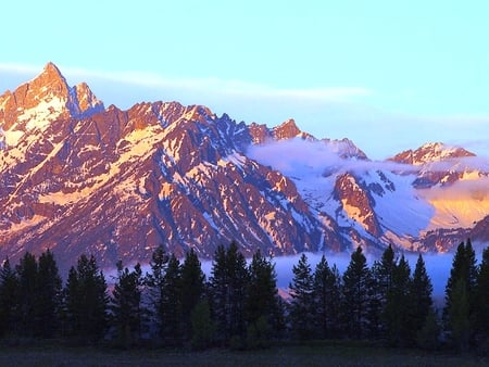 The Tetons in Wyoming, USA - nature, forest, snow, beautiful, fog, mountains, tetons