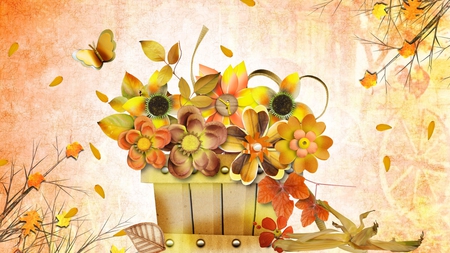 October Essence - autumn, basket, gold, fall, butterfly, october, leaves, flowers, firefox persona, corn orange