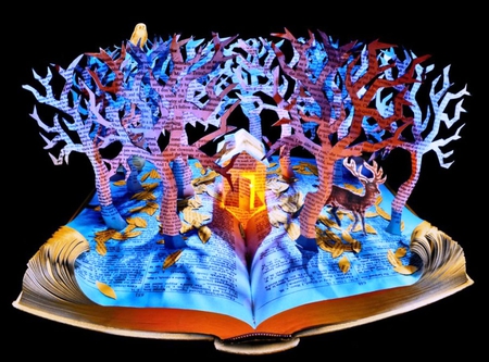 A Winter Read   - story, read, trees, winter, blue, book, colorful, fantasy, deer