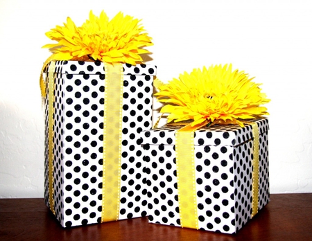 Sunny surprises - boxes, special, gift, wonderful, black, surprise, white, yellow, polka dot, sunny, handmade, light, fashion, present, entertainment, bright, beautiful, birthday, flower