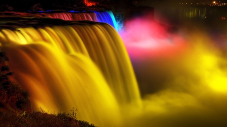 colorful falls - nature, bright, yellow, photography, water, waterfall, lights