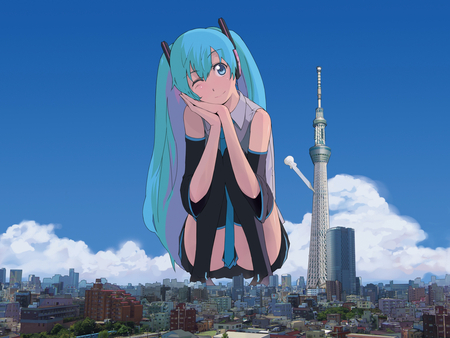 Vocaloid - long hair, winkblush, city, dress, hatsune miku