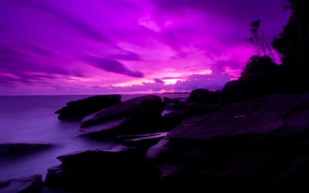 black_stones - horizon, scencery, beach, pink, purple, view, sky, sun, clouds, trees, beautiful, photography, sea, stones, wonderful, black, nature, wave