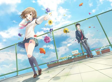 Original - sky, short hair, flowers, uniform, brown hair, school